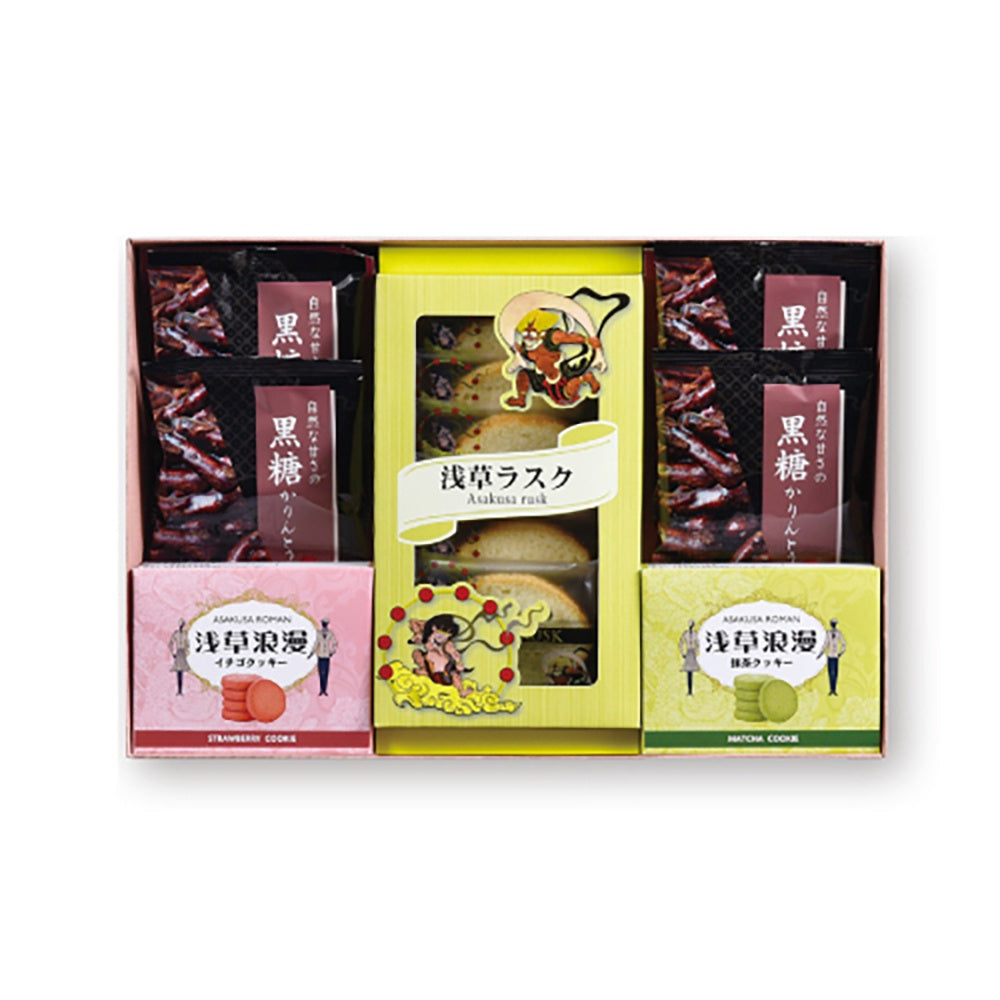 Asakusa Rusk Japanese Snacks Gift Set (Asakusa Rusk, Karinto, Strawberry Cookies, Matcha Cookies) [Direct from Japan]